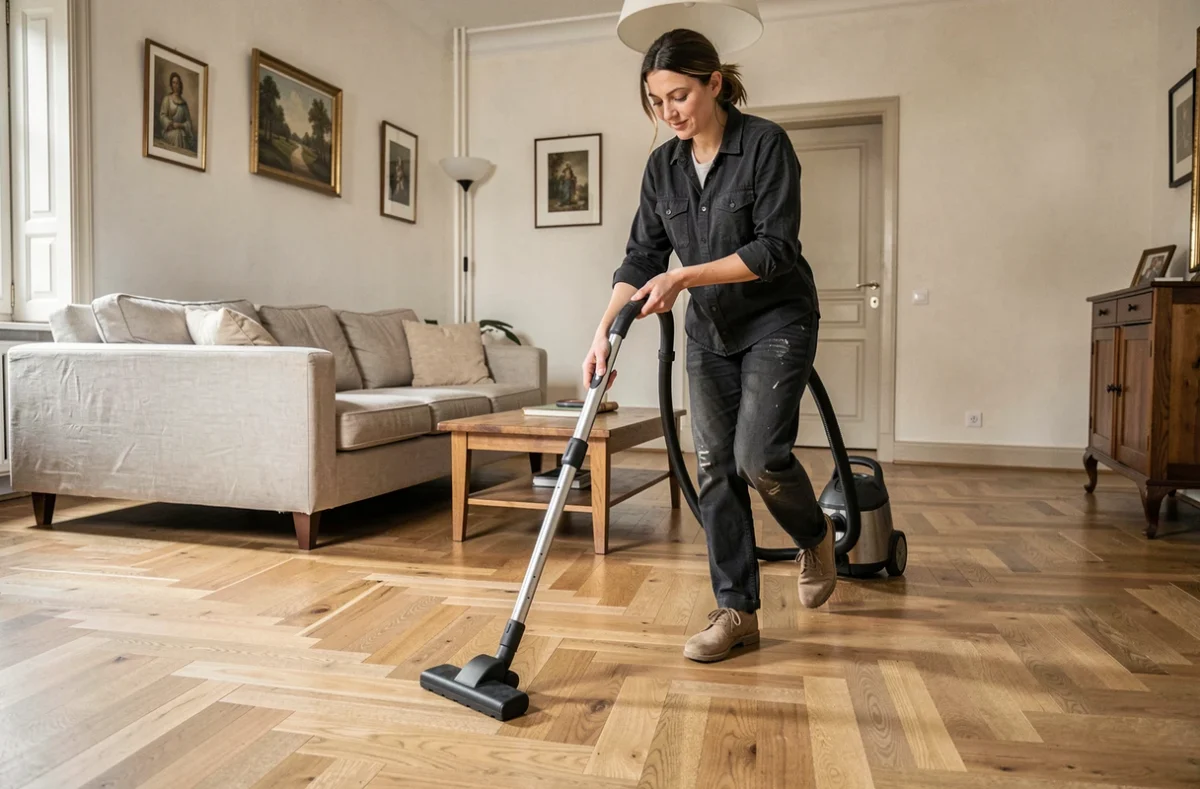 Employée de maison passant l'aspirateur dans un salon appartement résidentiel à Besançon