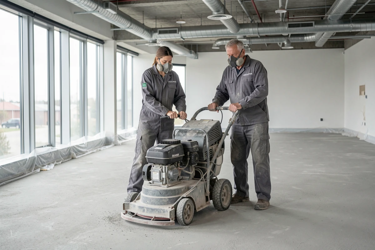 Équipe professionnelle d'une entreprise réalisant un sablage industriel de sol en béton, tarif entreprise au m2