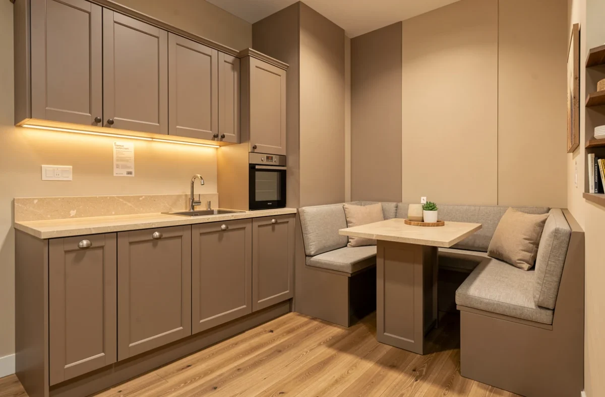 Cuisine taupe confortable avec coin repas intégré présentée dans le showroom Espace Confort en Corse