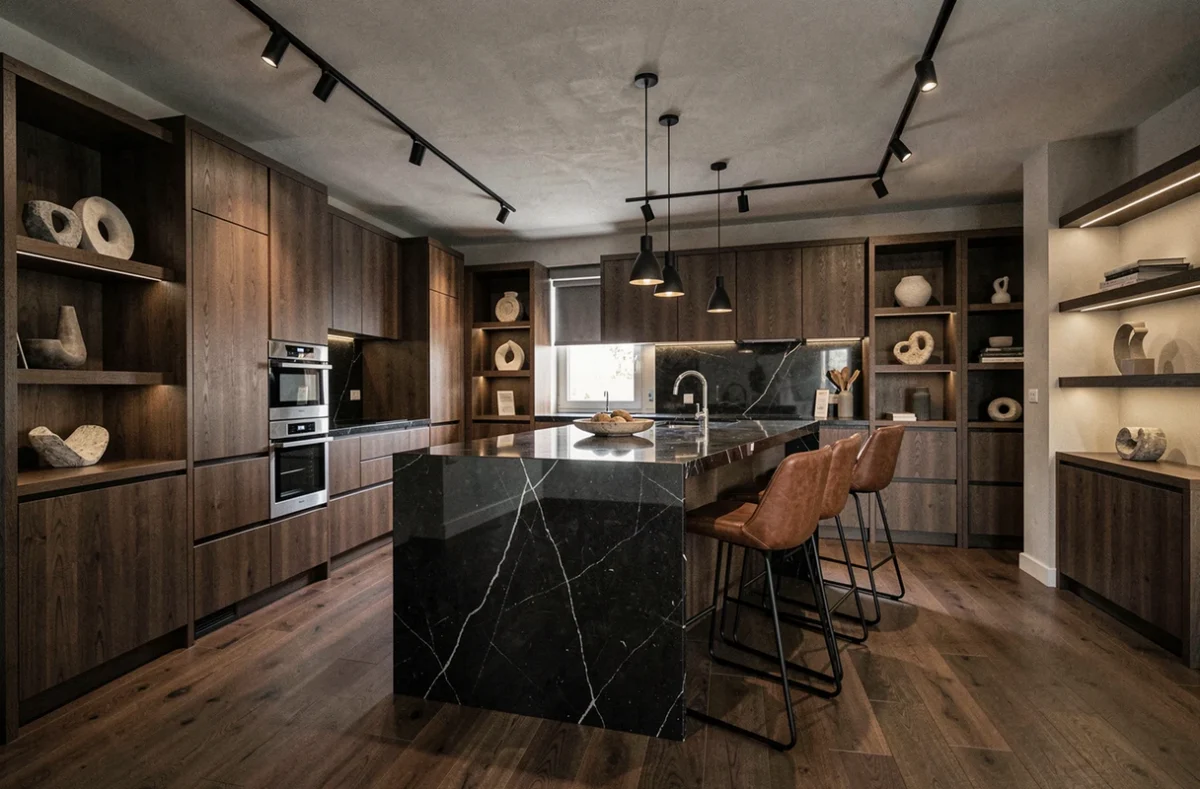 Showroom haut de gamme Espaces Design et Aménagement en Corse avec cuisine en chêne fumé et îlot en granit noir