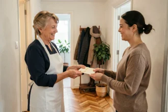 Employeuse remettant une enveloppe d'étrennes à son aide ménagère dans le couloir d'un appartement