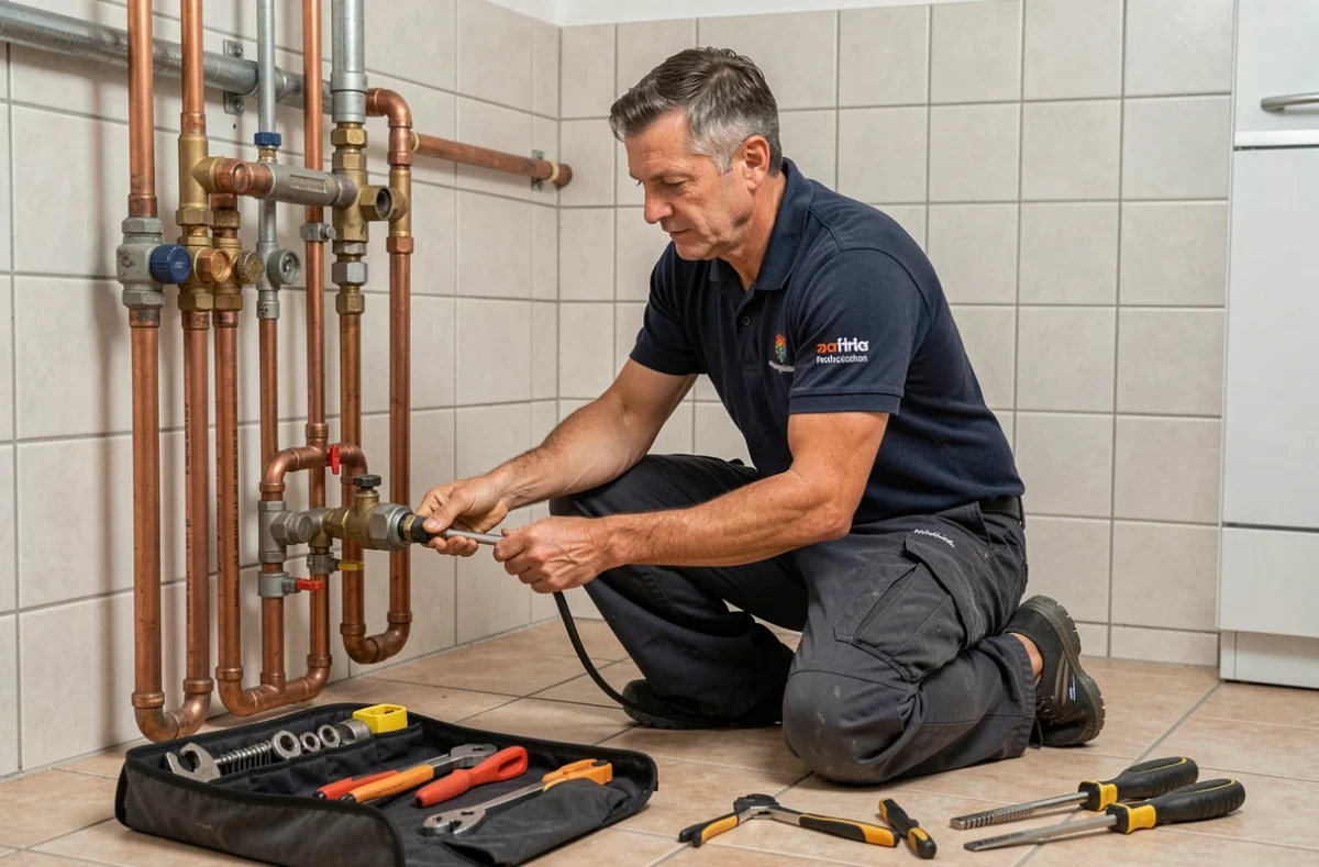 Artisan de l'entreprise CPC 78 raccordant des tuyauteries en cuivre à une pompe à chaleur dans une chaufferie