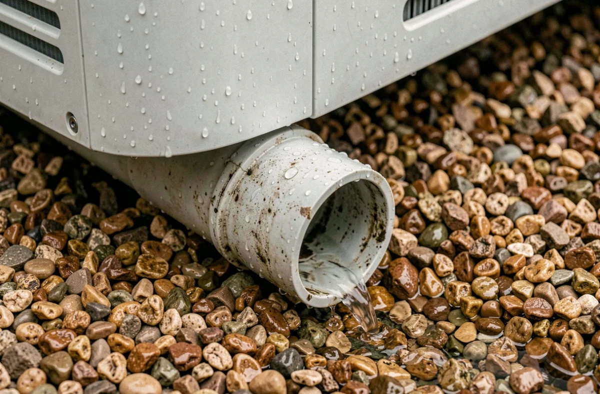 Gros plan sur l'évacuation d'eau à la base d'une pompe à chaleur avec gouttières en gravier