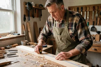 Artisan mesurant une planche en bois dans un atelier de bricolage pour fabriquer des volets maison