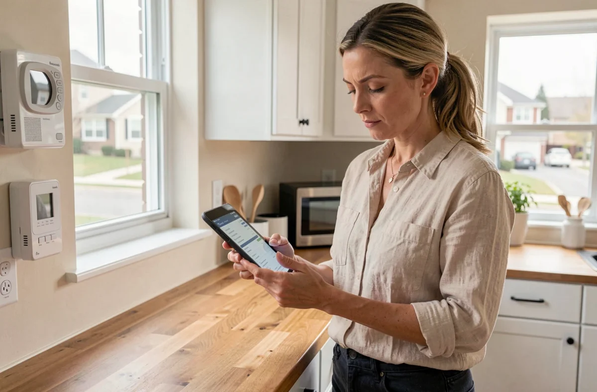 Femme consultant sa facture d'électricité sur tablette avec thermostat de pompe à chaleur en arrière-plan