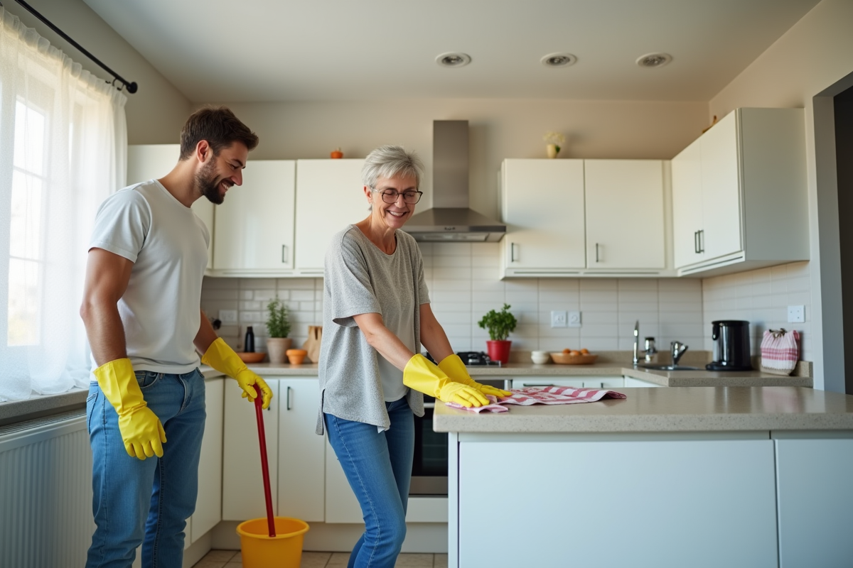 Famille nettoyant la cuisine en préparant le déménagement