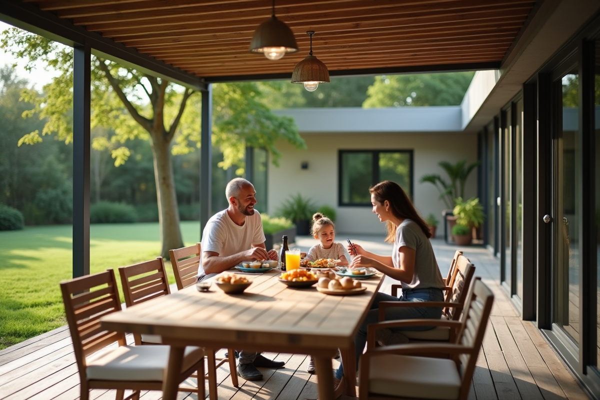 Famille partageant un repas en plein air sous un gazebo