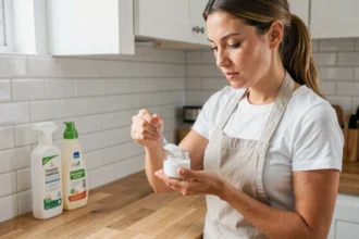 Femme utilisant de l'acide citrique en poudre dans une cuisine naturelle et écologique