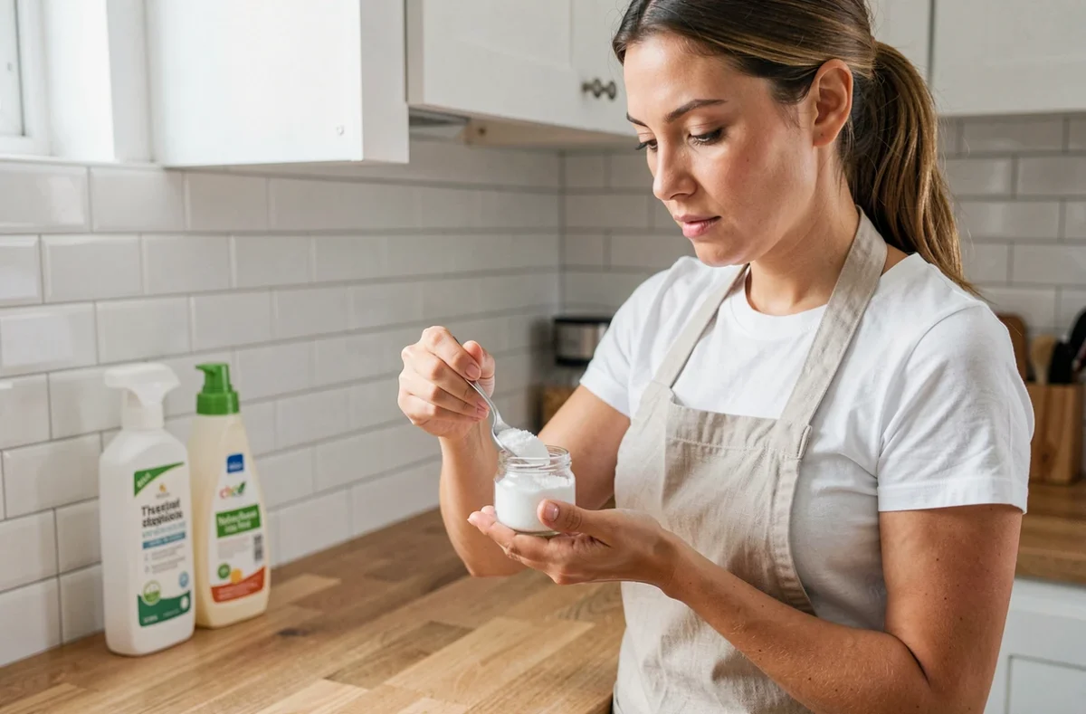 Femme utilisant de l'acide citrique en poudre dans une cuisine naturelle et écologique