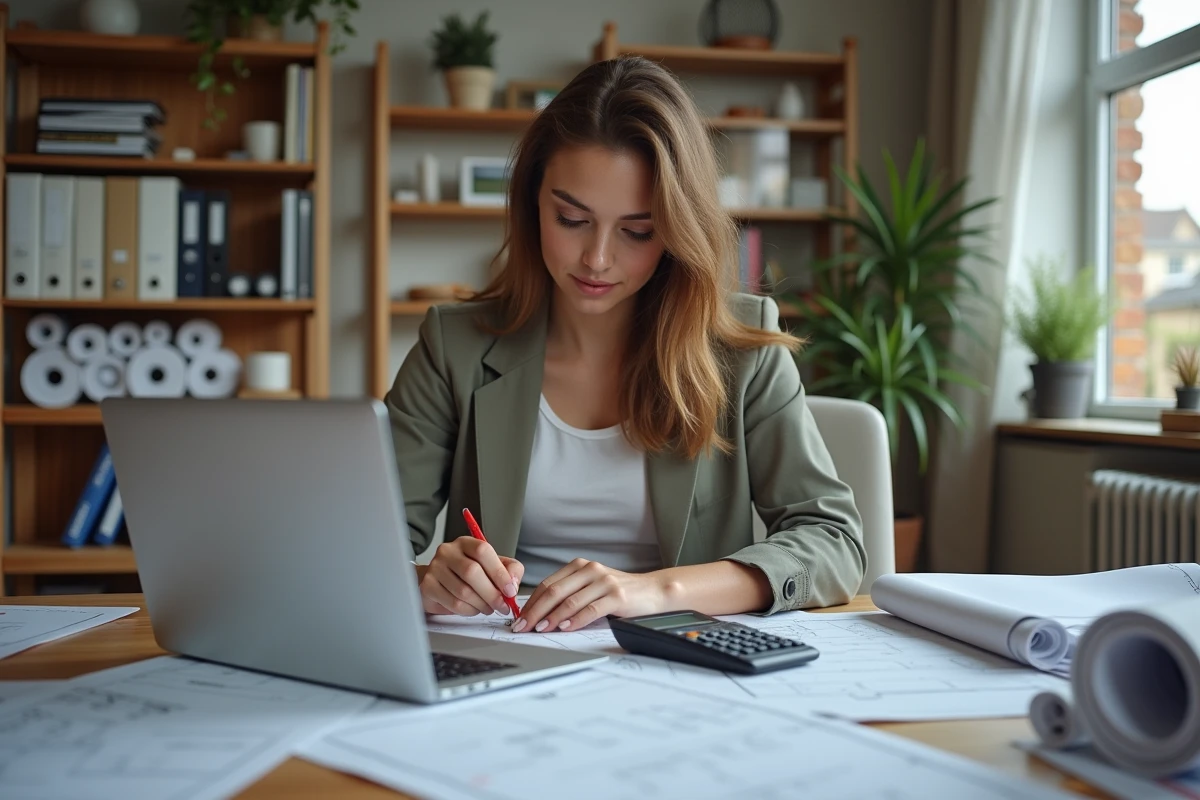 Jeune femme en bureau mesurant avec un ordinateur et des plans