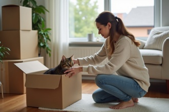 Jeune femme réconfortant son chat dans une pièce moderne