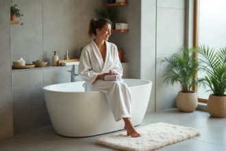 Jeune femme en peignoir dans la salle de bain apaisante