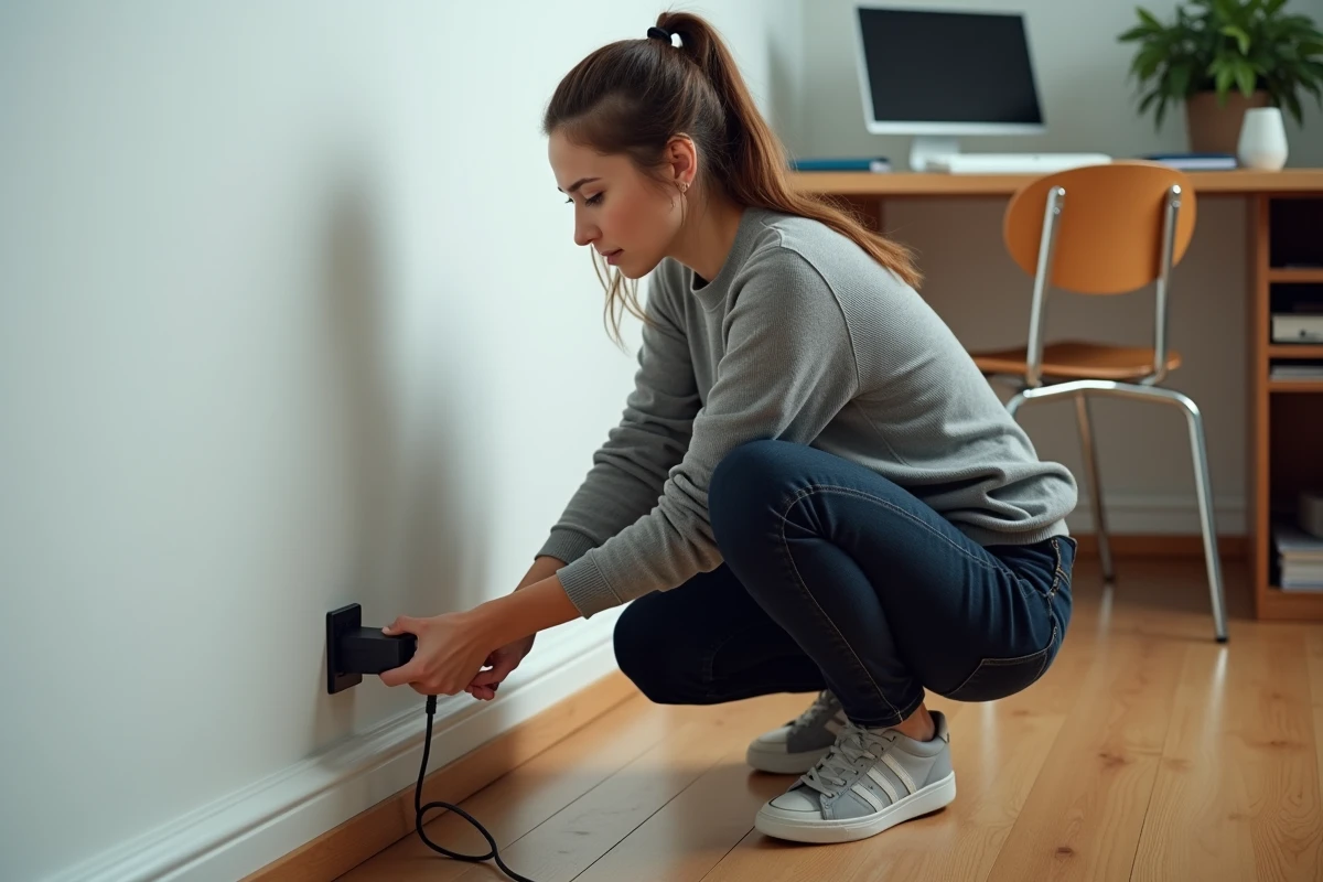 Femme branchant un adaptateur dans une prise goulotte électrique installée dans un bureau à domicile