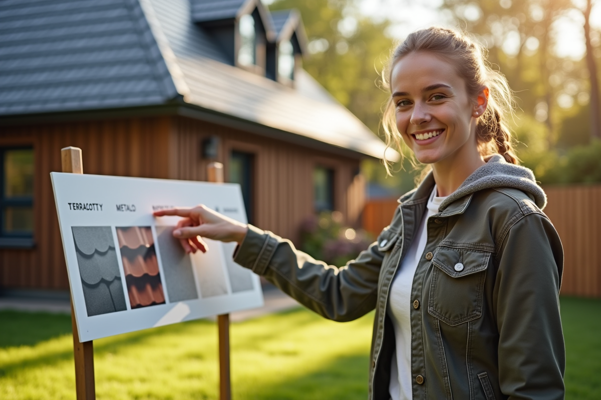 Jeune femme pointant vers un panneau de matériaux de toiture