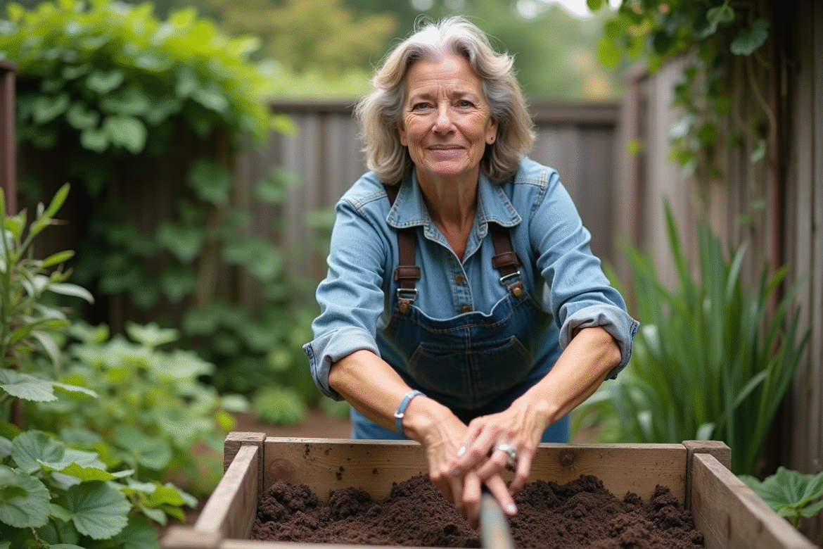 Femme d'âge moyen tournant un composteur en bois dans le jardin