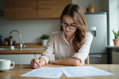 Jeune femme concentrée à la maison en blouse et lunettes