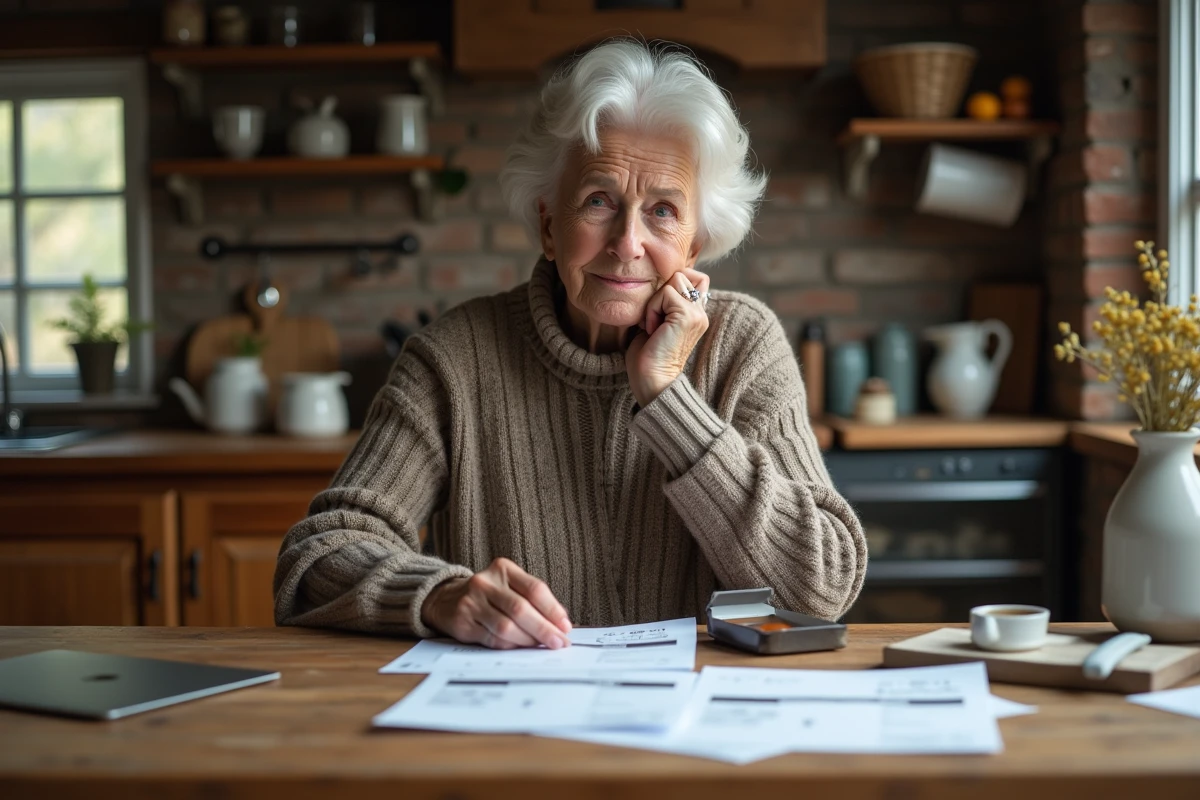 Femme âgée regardant des factures de bois dans une cuisine chaleureuse