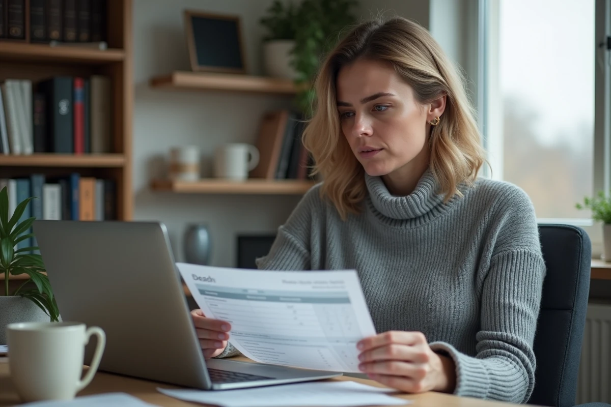 Femme consultant un site de devis en ligne pour des travaux de rénovation avec des documents de tarifs posés sur son bureau