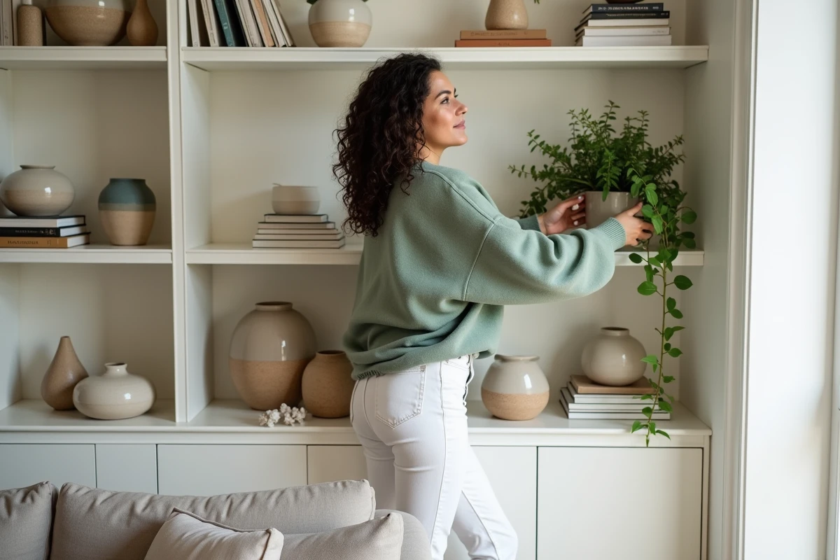 Femme arrangeant une bibliothèque décorative avec vases en céramique et plantes dans un appartement moderne français