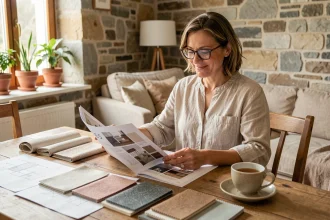 Femme consultant des catalogues de décoration intérieure à domicile pour aménager sa maison sereinement avec Ma Chaumière