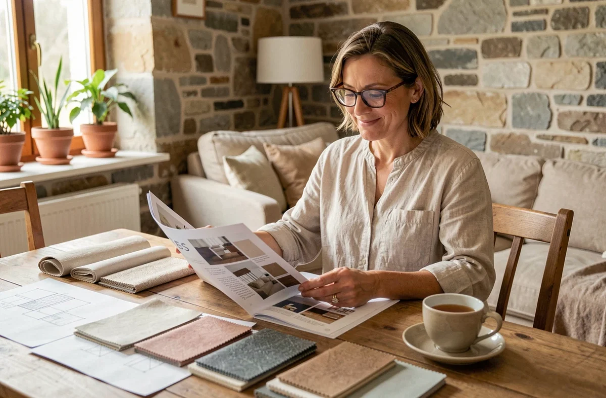 Femme consultant des catalogues de décoration intérieure à domicile pour aménager sa maison sereinement avec Ma Chaumière