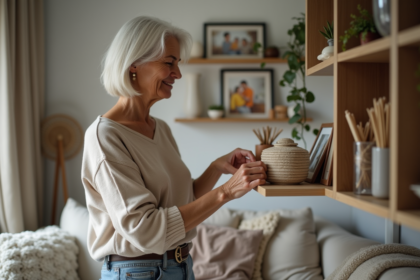 Femme arrangeant des objets décoratifs dans un salon chaleureux