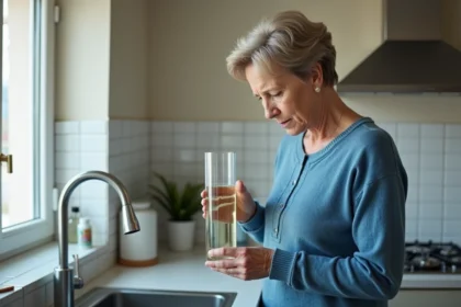 Femme regardant l'eau jaunie du robinet dans sa cuisine