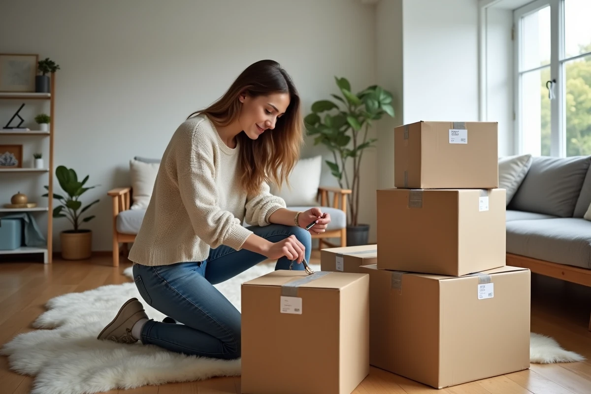 Femme organisant des cartons dans un salon moderne