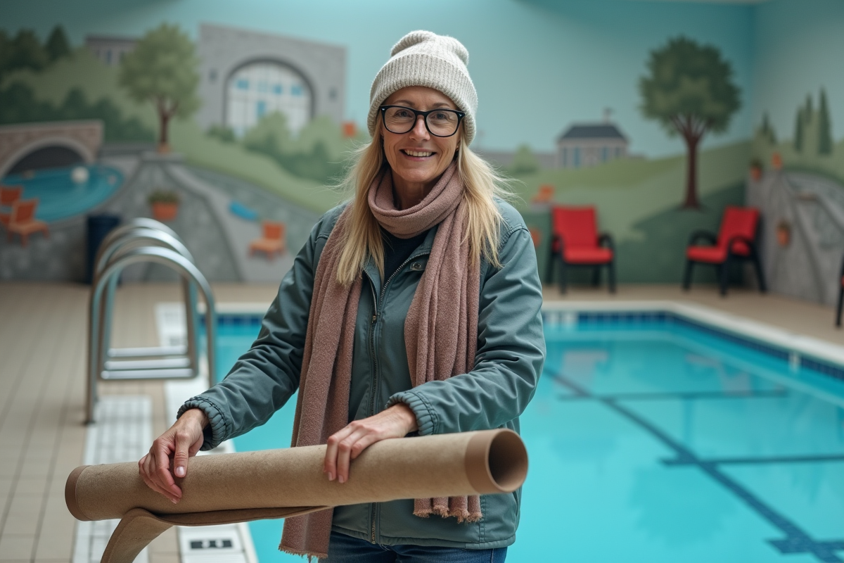 Femme en extérieur préparant une piscine intérieure en fin de saison