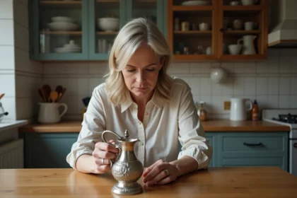 Femme examinant un pichet en argent dans la cuisine