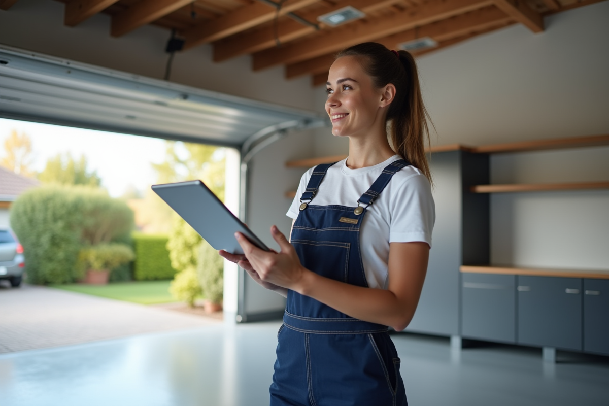 Jeune femme en overalls dans un garage fini avec tablette en main