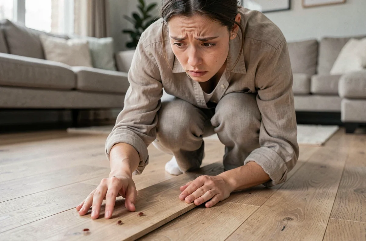 Jeune femme inquiète examinant de petits insectes rouges sur le parquet en bois d'un salon familial