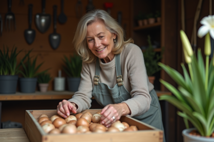 Femme inspectant des bulbes de lys dans un atelier de jardinage