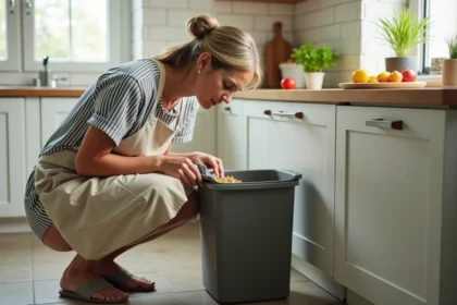 Femme inspectant un bac à compost dans la cuisine pour détecter des larves de mouche