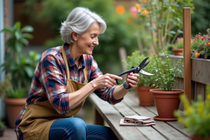 Femme jardinant nettoyant des outils de taille