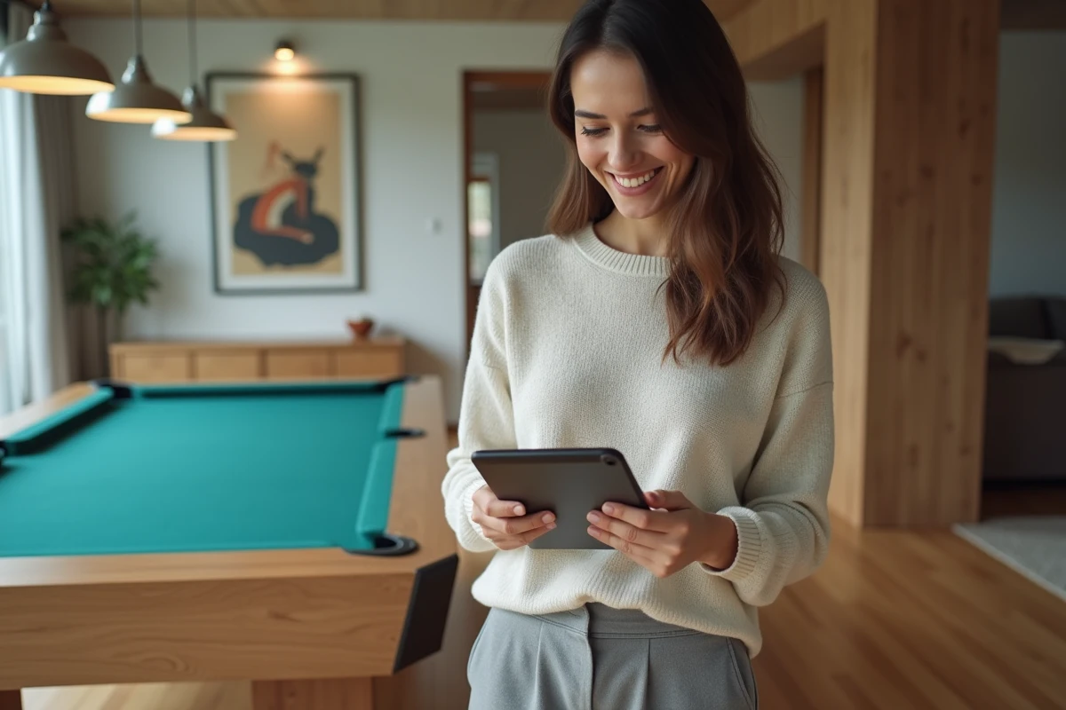 Jeune femme souriante effectuant un paiement sur sa tablette près du billard