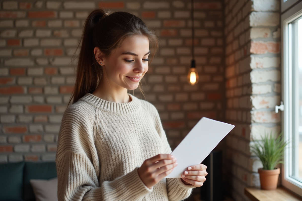 Jeune femme lisant une lettre près d’un mur isolé