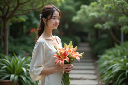 Femme tenant un bouquet de lys dans un jardin paisible
