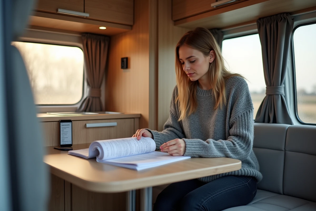 Femme consultant le manuel du chauffage Truma Combi pour identifier un code erreur dans un camping-car