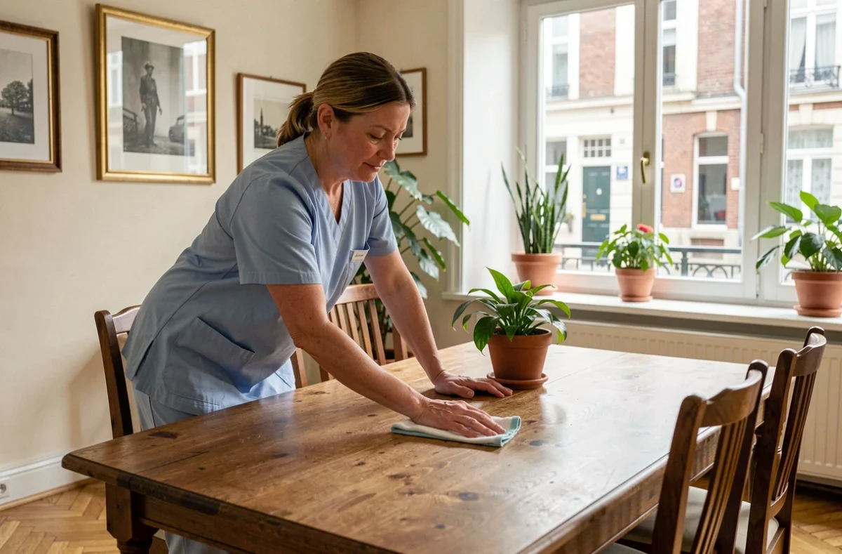Femme de ménage professionnelle essuyant une table en bois dans un appartement à Valenciennes