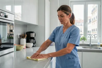 Femme de ménage professionnelle en uniforme bleu nettoyant le plan de travail d'une cuisine moderne à Besançon