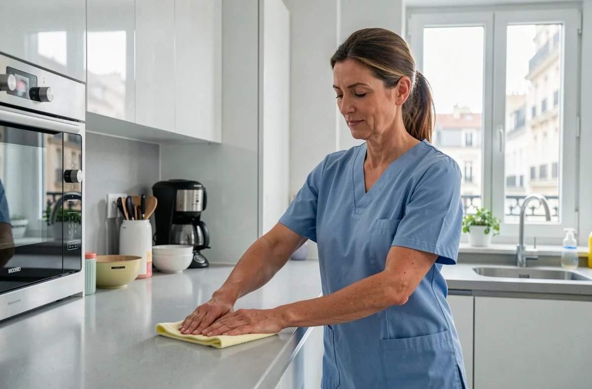Femme de ménage professionnelle en uniforme bleu nettoyant le plan de travail d'une cuisine moderne à Besançon
