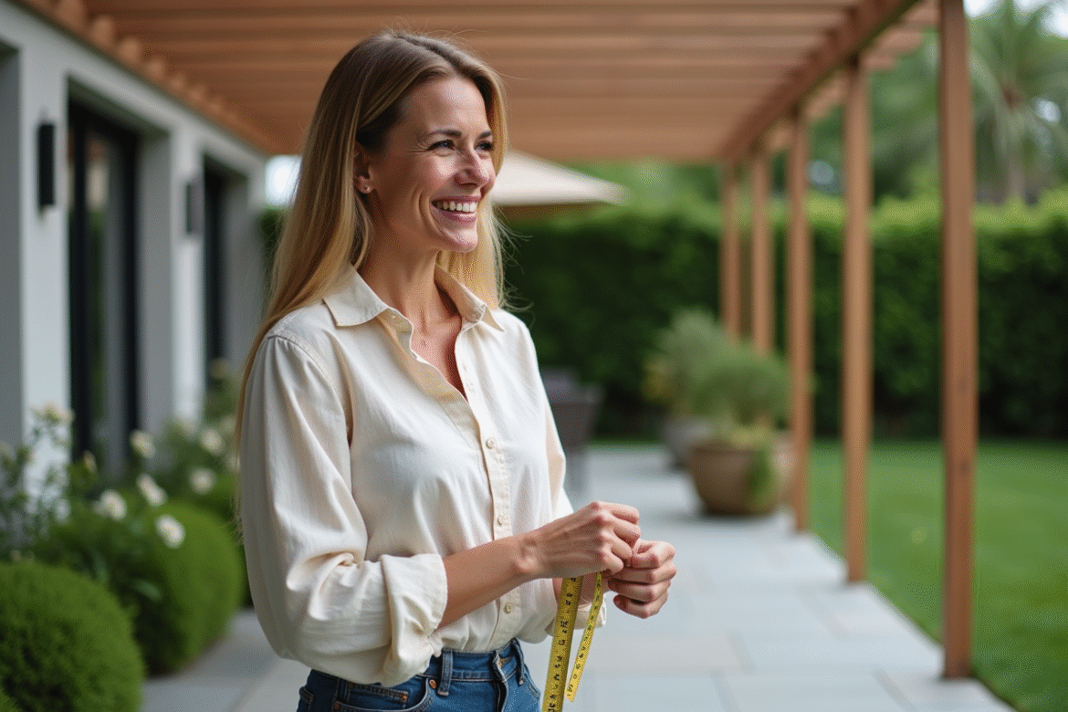 Femme souriante mesurant une pergola moderne dans son jardin