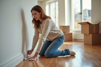 Femme nettoyant les plinthes dans un salon moderne