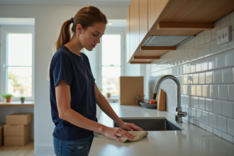 Femme nettoyant un plan de travail de cuisine moderne