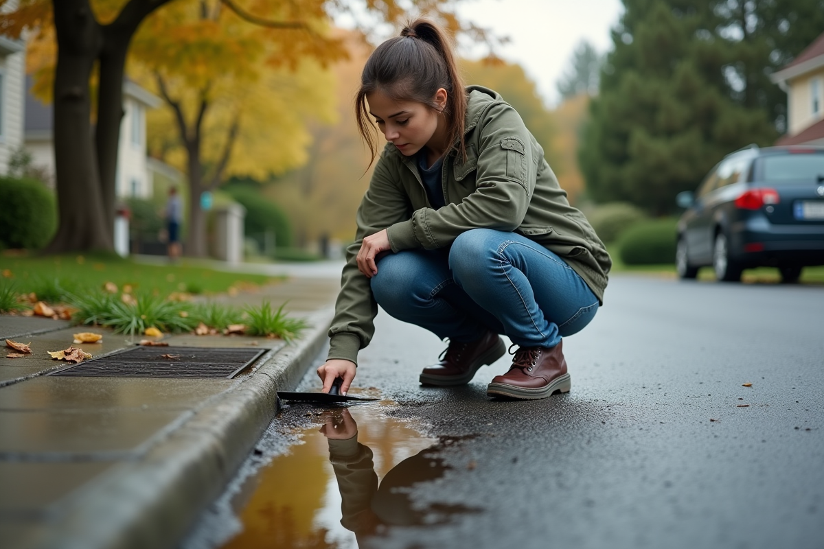 Jeune femme nettoie une flaque avec une petite pelle