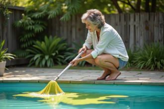 Femme d'âge moyen nettoyant la piscine avec un filet