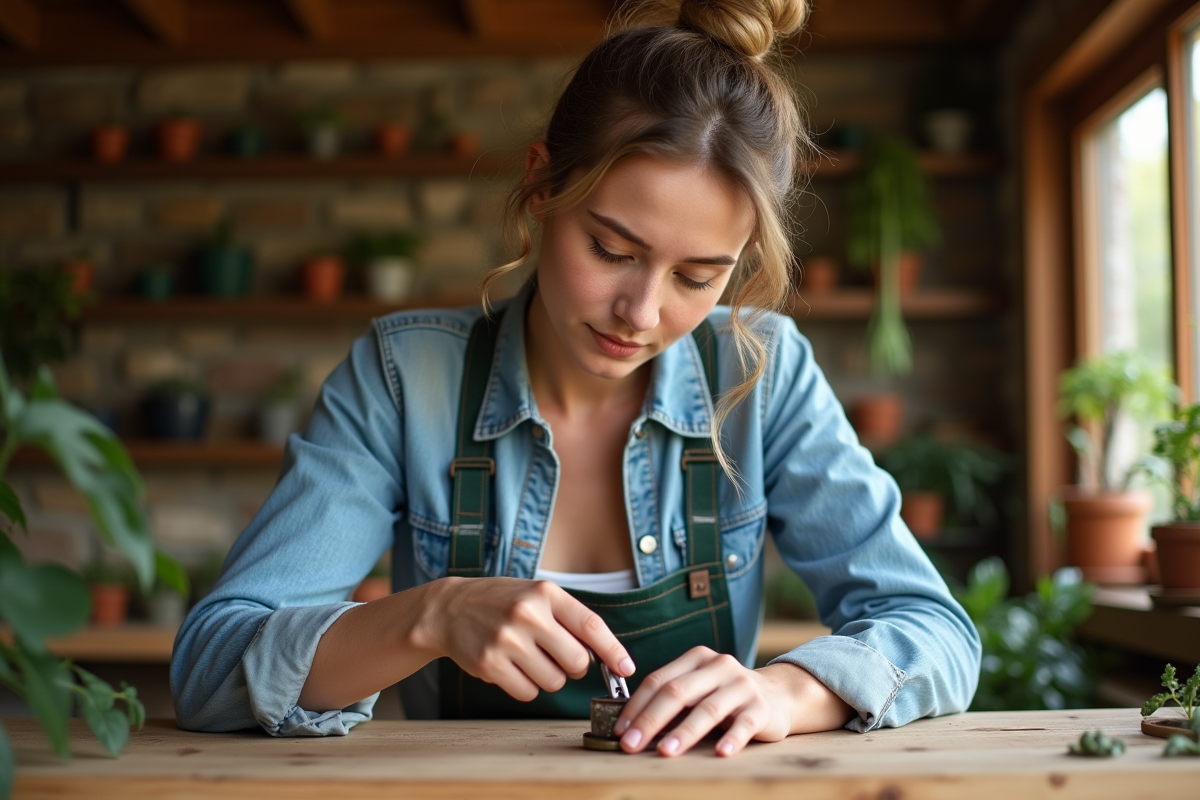 Jeune femme huilant des sécateurs dans un atelier de jardinage