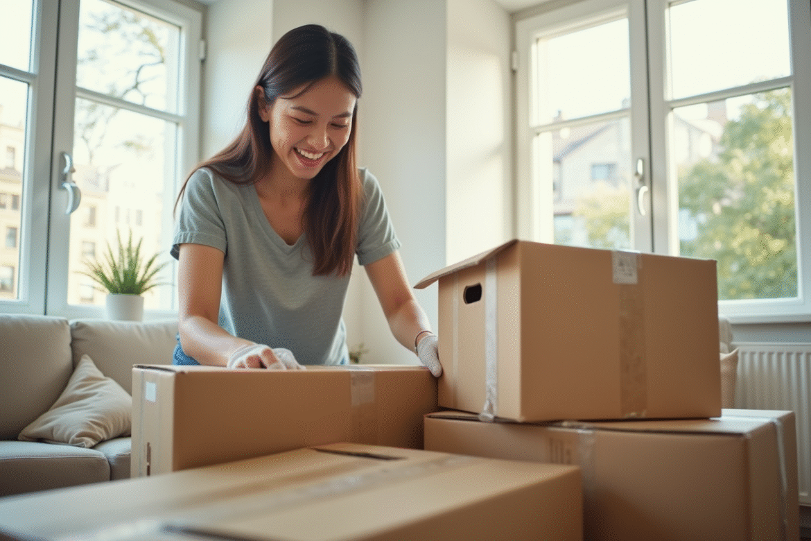 Femme souriante organisant des cartons dans un salon lumineux