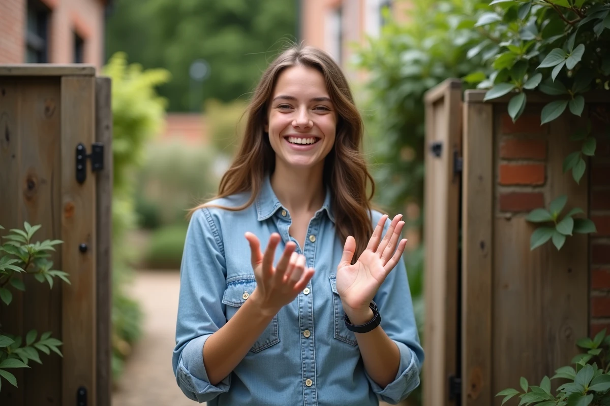 Jeune femme expliquant comment tourner une vis dans le jardin